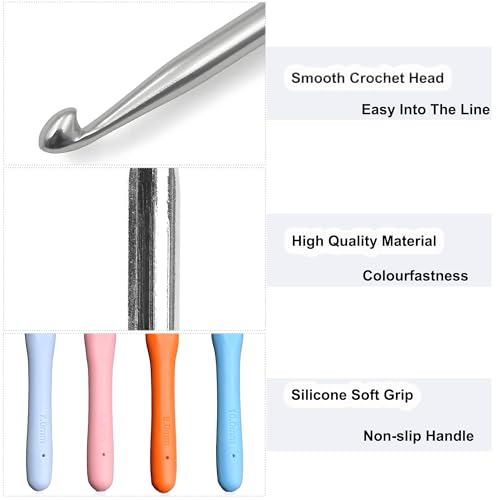 4 Stück Häkelnadel, 4 Größen Häkelnadel Set 7mm, 8mm, 9mm, 10mm mit Bunte Silikongriff 14 cm, Groß Häkelnadeln set für Anfänger und Häkelliebhaber