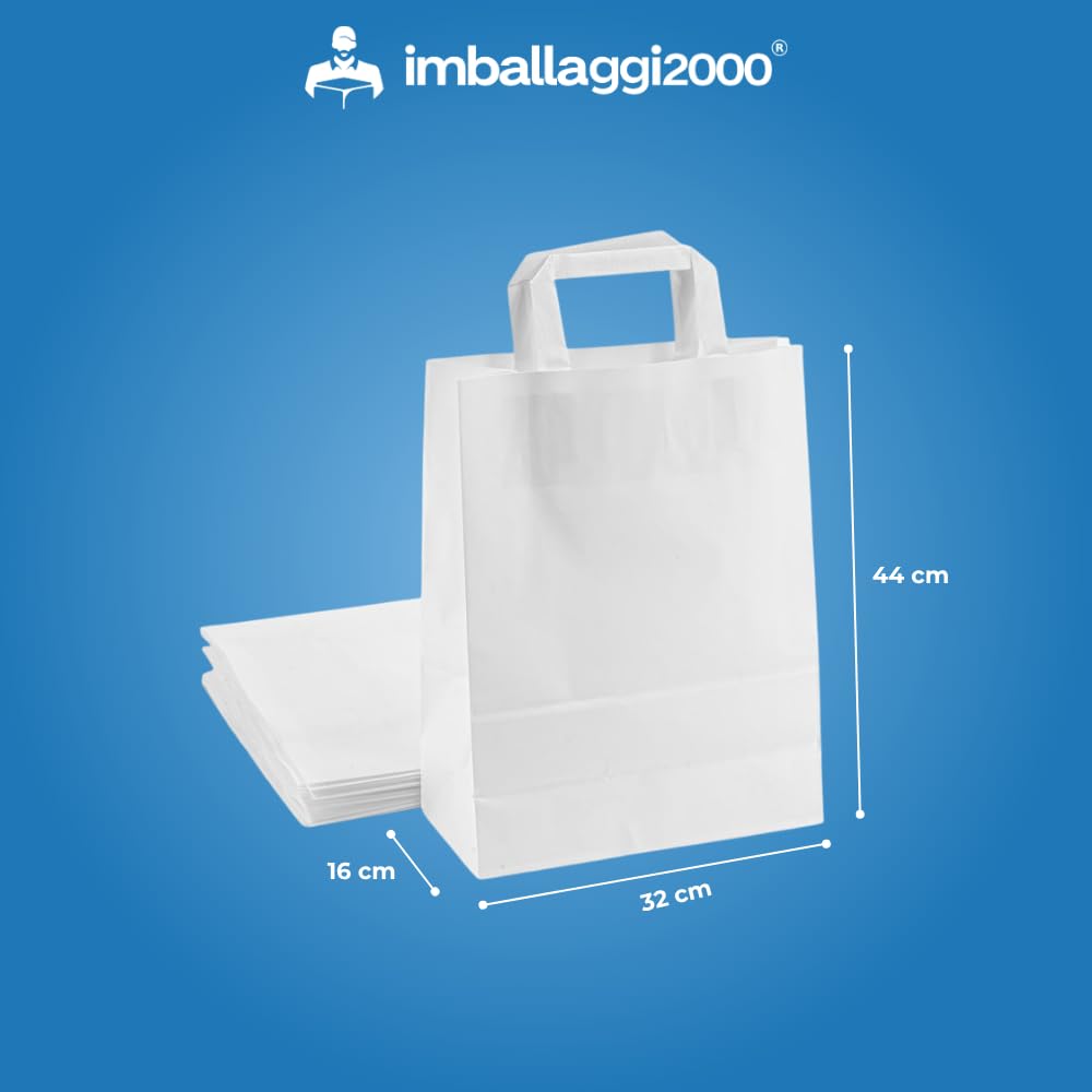 IMBALLAGGI 2000-50 Buste Shopper Carta Bianca 32x44x16 cm con Manici Piatta - Ecologiche e Resistenti