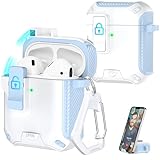 R-fun Compatible AirPods 2nd Generation 2019,1st Gen Headphone Cases, Fully Drop Proof Auto Eject Protective Cover Design, New Charging Port Dust and Stand Design,Blue+White