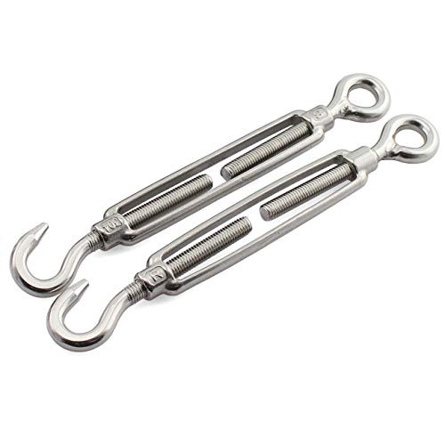 JCBIZ 2pcs M8 Turnbuckle Screw Hook to Eye Strainer Fence CO Open Body Draw-in Bolt 304 Stainless Steel Adjustable Wire Rope Tensioner
