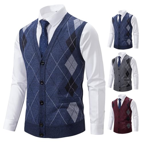 Men Cardigan Sweater Vest Slim Button Down Sweater Vest Autumn Winter V Neck Rhombus Jumper2