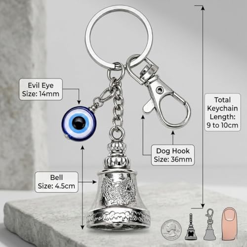 Image of OTTAVO Evil Eye Bell Keychain, Metal Nazar Battu, Good Luck Charm for Car & Bike Keys, Protective Guardian Bell, Bag Accessory