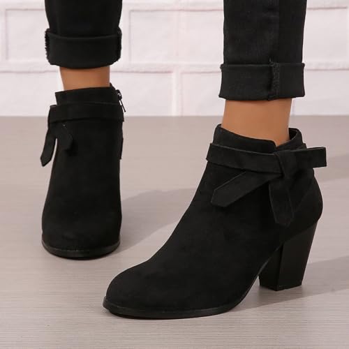 Women's Tie Knot Chelsea Pump Ankle Boots Closed Toe Stacked Heel Booties Shoes Faux Suede Side Zipper Western Booties High Heel Fall Winter Shoes 5