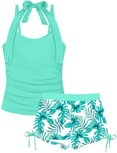 Image of Girls Swimsuit 2 Piece Halterneck Girls Tankini Swimsuit Drawstring Printed Swim Shorts Girl Bathing Suit for 7-18T