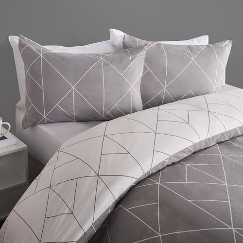 OHS Double Bedding Set Geometric Print, Ultrasoft Warm Stylish Versatile Modern Reversible Quilt Duvet Cover Set with Matching Pillowcases Luxury Quilt Covers, Grey - Double Bed