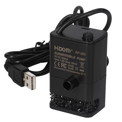 Submersible USB Powered 150l/h Ultra Quiet Mini Water Pump with Pre-Filter Foam for Water Feature Fountain Compact Hydroponics Pump