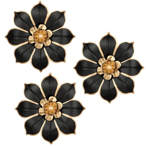 Metal Flowers Wall Decor Black and Gold Wall Art Decorations Hanging 3 Pc Rustic Modern Floral...