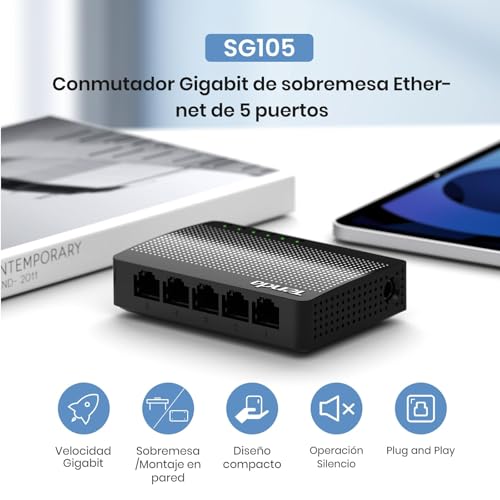 Image of Tenda SG105, 5 Port Gigabit Switch, Unmanaged Home Ethernet Switch, Office Ethernet Splitter, Plug & Play, Plastic Case, Desktop / Wall-Mount, Fanless Quiet, Limited Lifetime Protection
