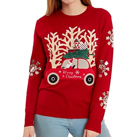LUBOT 2021 New Women’s Christmas Funny Ugly Sweaters Knitted Embellished Pullover Long Sleeve Gift, Red Car, Medium Cover