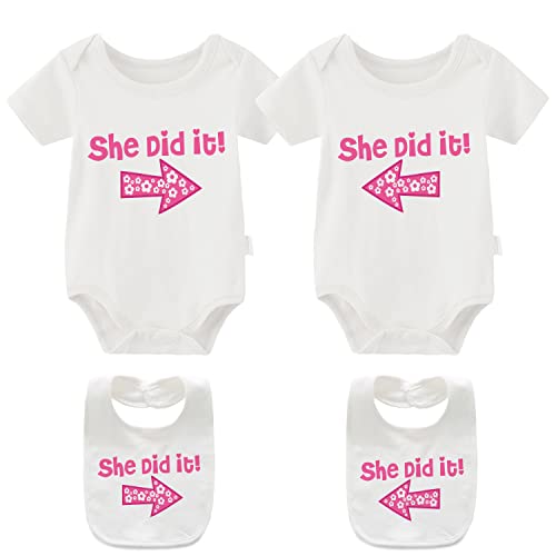 Image of YSCULBUTOL Baby Twins Bodysuits He/She Did It Twin Outfit Girl Romper With Hat Set