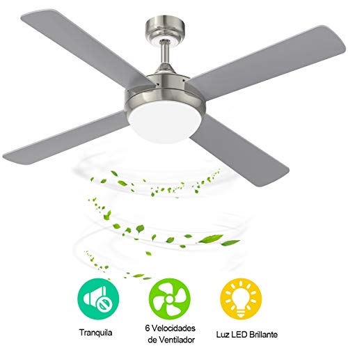 YUNLIGHTS Ventilador de Techo con Luz LED, Metal, Mando a Distancia, Ceiling Fan con 52 pulgadas /132cm Aspas Reversibles en Plata, Ventiladores para el Techo con Lámpara