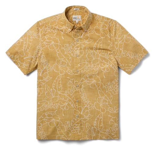 Reyn Spooner Lei Low Floral Button Front Hawaiian Aloha Shirt, Gold, L
