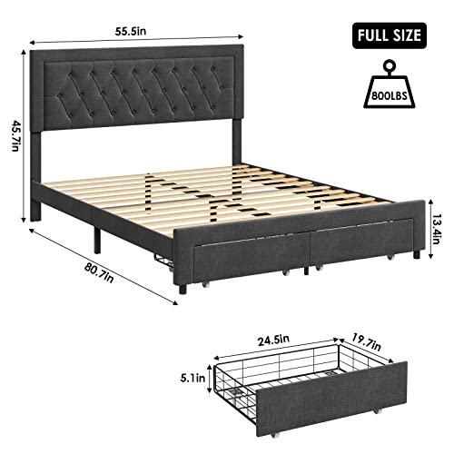 Full Bed Frame With 2 Storage Drawers, Fabric Upholstered Platform Bed Frame With Deep-Set Pattern Button Tufted Headboard, Wood Slats Support Mattress Foundation, No Box Spring Needed, Dark Grey #TOP1