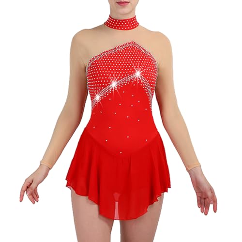 DIJITOO Vestido de patinação artística, gola alta de strass, manga comprida, fantasia de competição,
