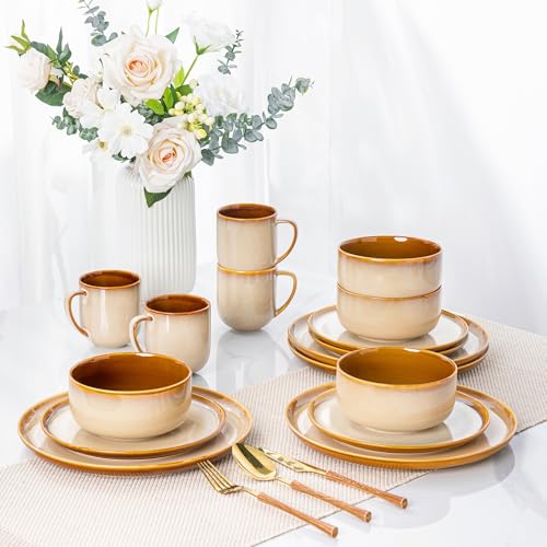 Image of LERATIO Ceramic Dinnerware Sets for 4,16-PieceReactive Glaze Plates and Bowls Set with Mugs,Highly Chip and Crack Resistant | Dishwasher,Microwave & Oven Safe Dishes set-Kahki
