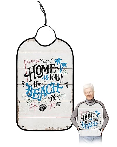Home is Where The Beach Adult Bibs for Eating, Waterproof Bibs with Food Catcher & Adjustable Snap Closure, Ocean Coastal Starfish Shells Rustic Wood Clothing Protectors Adult Bibs for Elderly