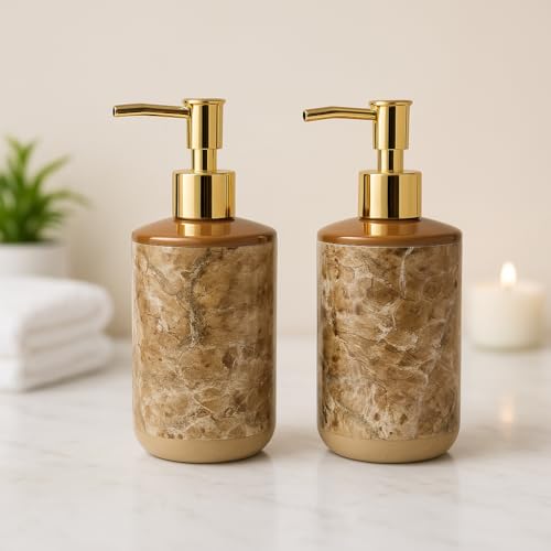 Image of LAGET 300ml Soap Dispenser for Wash Basin - Marble Golden Print | Kitchen and Bathroom Accessories Items | Refillable Handwash Dispenser Bottles- Set of 2 (Brown Twinkle)