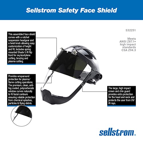 Sellstrom Plasma/Flame Cutting, Grinding Safety Face Shield With Extended Chin Guard And Ratchet Headgear, Clear Anti-Fog Polycarbonate Window With Shade 5 Uv/Ir Flip Front Visor, Black, S32251 #TOP1