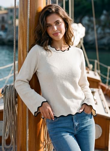 Dokotoo Sweaters for Women Long Sleeve Back Bow Sweaters Round Neck Ruffle 2026 Fall Outfits Color Block Pullover Tops Casual Business Winter Blouse Knit Lightweight Pullover Sweaters White XL — view 3