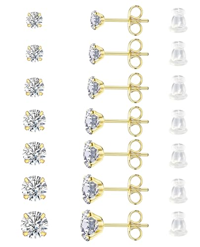 Arminor 7 Pairs 20G Stud Earrings for Women Men Hypoallergenic 316L Surgical Stainless Steel Earrings for Multiple Piercing | AAAAA+ Cubic Zirconia Earring Stacks with Butterfly & Silicone Backs (Gold-7Pairs 20G)