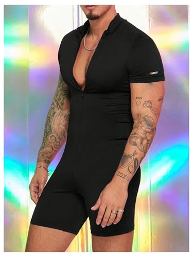 SHENHE Men's Short Sleeve Mock Neck Bodysuit Full Body Zip Up Leotard Slim Fit Jumpsuits4