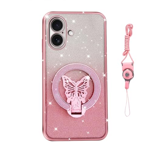 Tesazxcn Phone Case for iPhone 16 [Compatible with Magsafe] with Butterfly Kickstand & Lanyard Soft TPU Bling Clear Shockproof Protection Cover for iPhone 16 Case, Rose Gold by Tesazxcn - Used condition - Image 8