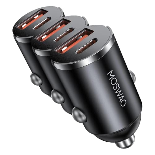 Carregador Veicular MOSWAG Embutido com USB-A e USB-C, 2 Portas, QC3.0, Carcaça de Alumínio, Preto, Kit com 3 unidades