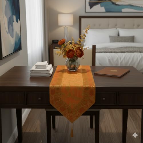 Image of E-EZRA Banarsi Brocade Jacquard Silk Center Table Runner Coffee Brown Long Ethnic Table Home Decor Floral Traditional Dining Table Cloth Runner Up | 72 By 14 Inches Gold