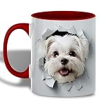 Maltese Dog Mug, 11oz Ceramic Coffee Cup with 3D Cracked Wall Illusion Art, Red Handle Campfire Enamel Style Cup, Gift for Small Breed Pet Owners and Dog Lovers -  ATSAKA