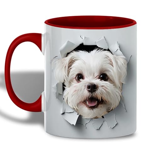 Maltese Dog Mug, 11oz Ceramic Coffee Cup with 3D Cracked Wall Illusion Art, Red Handle Campfire Enamel Style Cup, Gift for Small Breed Pet Owners and Dog Lovers -  ATSAKA