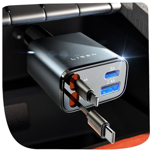 LISEN Cargador Coche Carga Rápida Retráctil 84W Accesorios Coche Camper para iPhone 17, PD45W USB-C Cargador Mechero Gadgets 12/24V para Samsung S25 Xiaomi [2026 Compacto] San Valentin Regalos Hombre