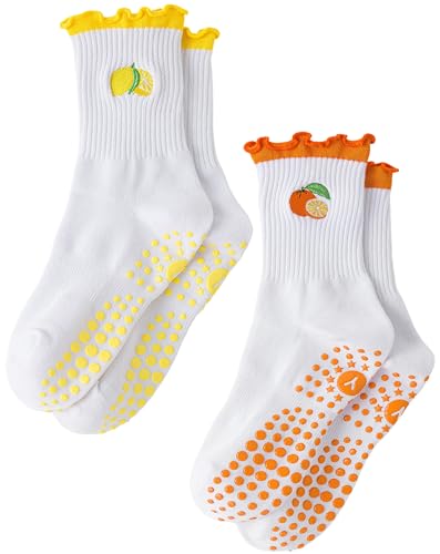 Image of Yawlsow Cute Pilates Grip Socks for Women Ruffle Frilly Yoga Socks Non Slip Cotton Crew Grippy Sock for Barre Workout