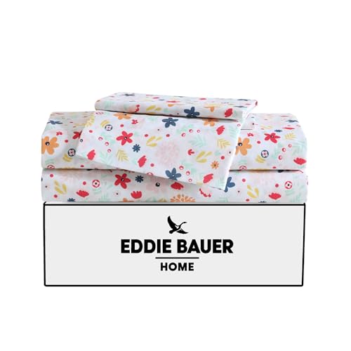 Image of Eddie Bauer Kids - Full Sheets, Stain-Resistant Toddler Bedding with Matching Sham(s), Super Soft, Ideal Girl Room Essentials (Colorful Floral Pink, Full)