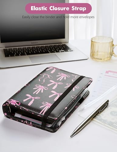 Image of A6 Budget Binder for Money Saving, PU Leather Budget Planner with 8 Cash Envelopes, Budget Sheets & Rose Gold Category Stickers, Money Organizer for Cash (Black Bow)
