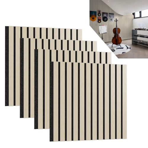 ACXIN Lot de 4 panneaux acoustiques 3D en bois de chêne véritable - Placage en bois de chêne véritable sur feutre acoustique - 60 x 60 cm - Panneaux muraux à lamelles - Revêtement mural - Pour