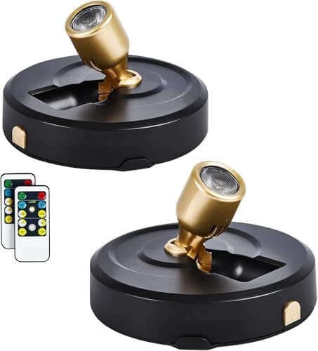 2-Pack Wireless LED Spotlight Battery Operated Picture Lights, Puck Lights with 2 Remote, Dimmable Stick Spotlight with Timmer for Wall Display Painting Dartboard Artwork Accent Closet
