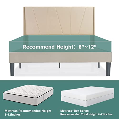 Imusee Queen Size Bed Frame With Geometric Wingback Headboard, Upholstered Platform With Wood Slats Support, No Box Spring Needed, Easy Assembly, Light Beige #TOP4