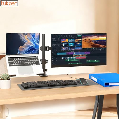 Image of Tukzer Monitor & Laptop Desk Arm Stand, Basic Pole Mount for 13-32 Inch Computer Screen Monitors for Dell, LG, Samsung,HP,Lenovo,Acer,ASUS, Tilt Adjustable,Tray for Laptops,Notebooks Upto 17 inch, Tablet