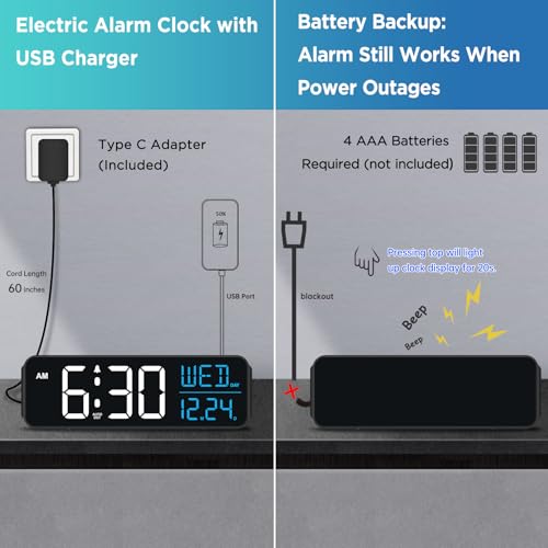 Image of Peakeep Large Display Digital Alarm Clock for Bedrooms, Date Day of Week Calendar Desk Table Clocks for Living Room Office, Dimmable Plug in Electric Clock, 5 Volumes, Loud, Auto DST