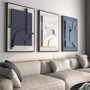Large 3D Textured Framed Blue and White Abstract Wall Art for Living Room, 3 Piece Modern Artwork for Walls, Minimalist Navy Blue Geometric Paintings for Hallway, Stair, Office Wall Decor 24×36 In