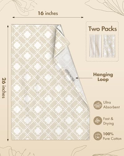 Image of Miss Adola 2 Pack Flour Sack Kitchen Towels - 16x26 Inch Cotton Dish Towels with Hanging Loop Reusable Geometric Boho Modern Tea Towel Absorbent Dishcloths Home Decor, Beige Bohemia