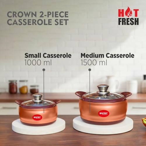 Image of BALTRA Crown Stainless Steel Serving Casserole Set 100% Food Grade with Glass Lid | PUF Insulated Chapati Casserole for Daily Use & Gifting | Hot Box /Roti Box (Crown Set of 2 (1000+1500ml)