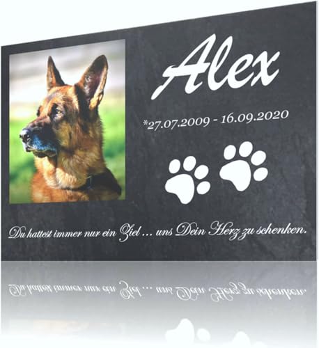 Personalisierte Grabplatte Haustier aus Alu-Verbund – Foto in Herz/Kreis/Rechteck, Name • Datum • Spruch – wetterfest & UV-beständig – Größen DIN A6 bis DIN A2 – Grabschmuck für Hund/Katze
