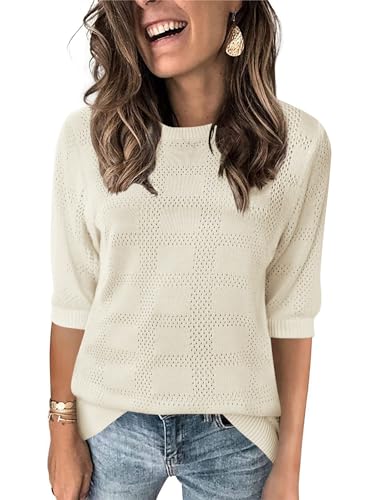 Image of Zeagoo Womens Loose Short Sleeve Tunic Tops Lightweight Crew Neck Crochet Knit Pullover Sweater Blouses