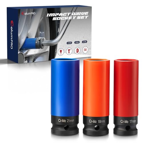 ColumPRO 3PCS 1/2” Drive Lug Nut Socket Set, CR-MO Steel Wheel Protector Impact Socket Set, Thin Wall Lug Nut Socket Set with Colored Protective Covers, Metric 17,19,21MM
