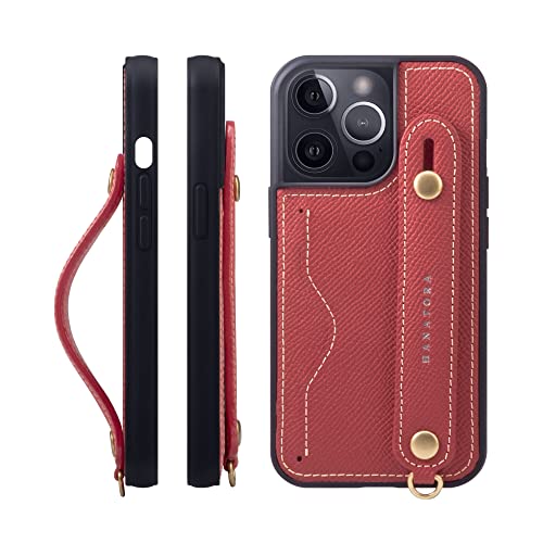 iPhone13 Pro ケース 本革 グリップケース エンボスレザー ストラップ付属 片手操作 カードポケット スタンド機能 メンズ レディース レッド NCGH-13Pro-Red
