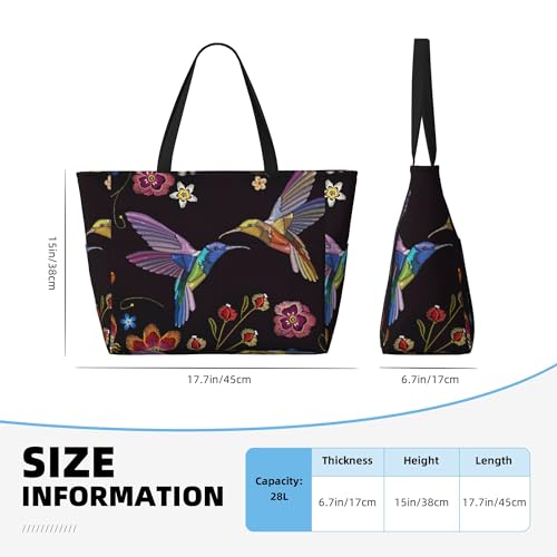 Humming Bird and Flowers Embroidery Large Beach Tote Bags for Womens Mens Sandproof Swim Pool Bag with Zipper for Travel Vacation3