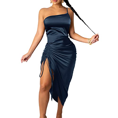 Women's Satin Dress Spaghetti Strap Drawstring Ruched Cocktail Evening Party Night Club Dresses Navy M #TOP19