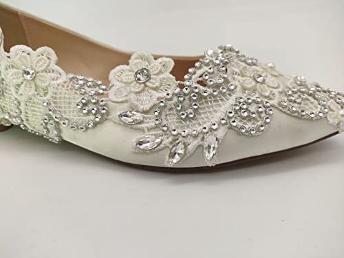 Sweet women Stylish Pearls Flat Wedding Shoes For Bride 3D Floral Appliqued Prom Low Heels Plus Size Pointed Toe Lace Bridal Shoes4