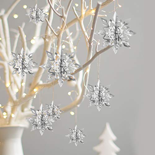 Glittery Snowflakes, 24 Packs 3D Large Silver Christmas Winter Snowflake Hanging Garland Decorative Paper Snowflake Ornaments for Holiday Party Home - Thumbnail 6